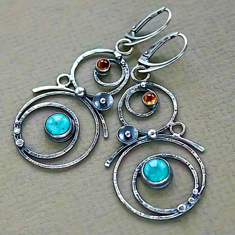Bohemian Round Blue Stone Earrings Handmade Silver Engraved Round Dangle